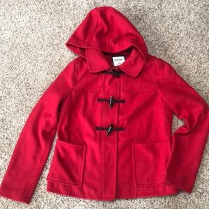 Red dress coat with hood
